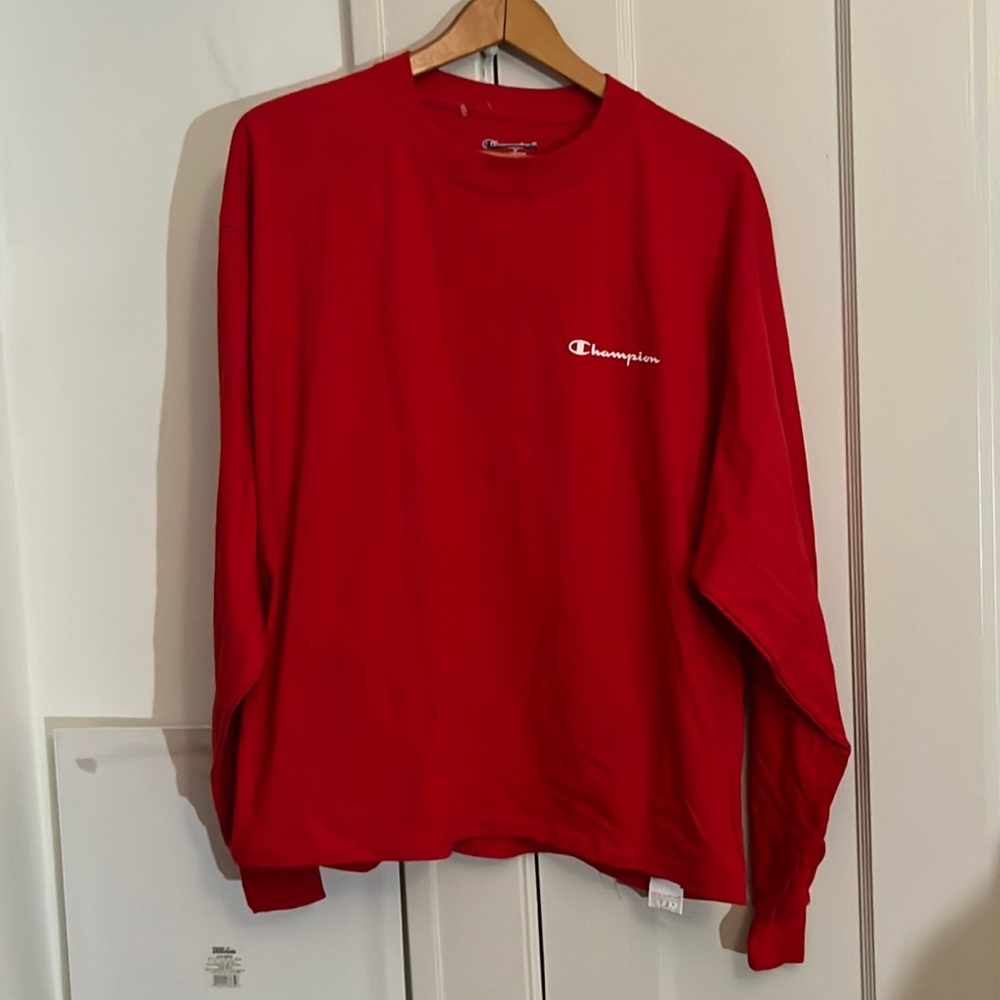 ✅ CHAMPION Authentic Spell Out Logo Long Sleeve Crewneck Classic Tee T Shirt Red
